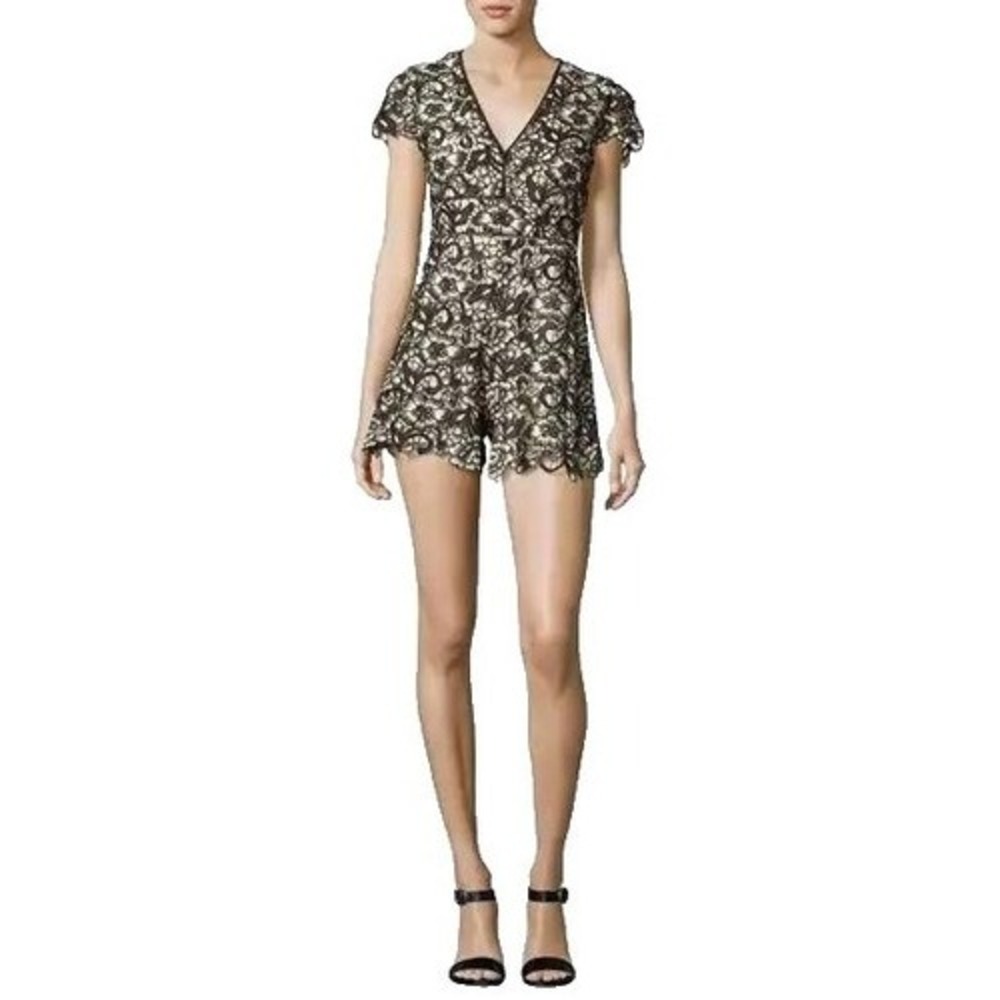 Alice + Olivia Romper Womens 10 Black Cream Floral Lace V-Neck Cap Sleeve Marisa